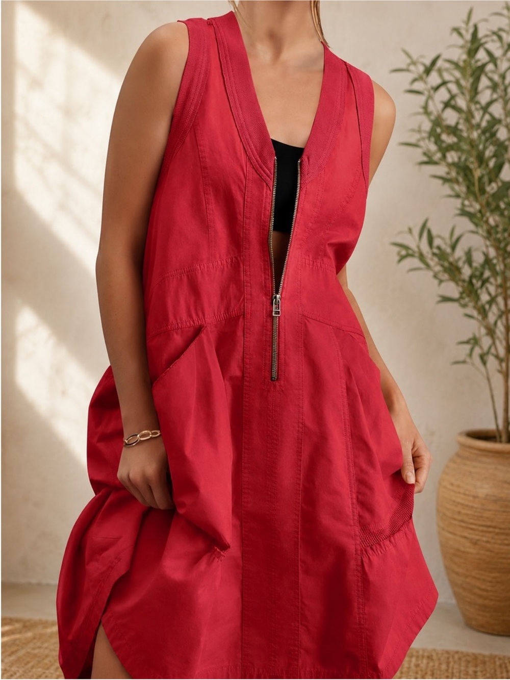 Sleeveless Red Zip-Front A-Line Dress